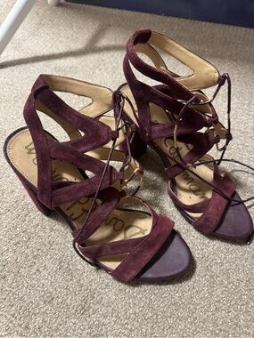 Sam Edelman Burgundy Suede Lace-Up Block Heel Sandals